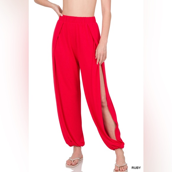 Zenana Wide leg Ankle cuffed Side Split Side Sexy Summer harem pants,S,M,L,XL - Picture 2 of 2